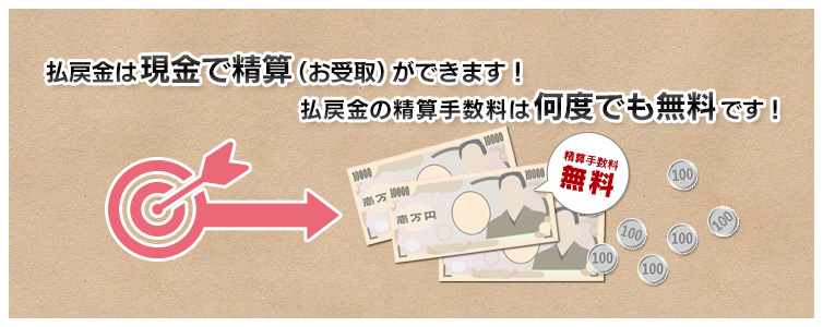 払戻金は現金で精算（お受取）ができます！
払戻金の精算手数料は何度でも無料です！